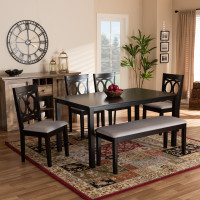 Baxton Studio RH315C-Grey/Dark Brown-6PC Dining Set Bennett Modern and Contemporary Grey Fabric Upholstered and Dark Brown Finished Wood 6-Piece Dining Set